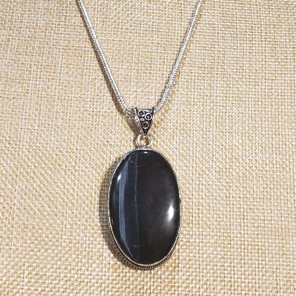 Black Tiger Eye Gemstone Necklace, 925 Silver Tiger Eye Vintage Necklace